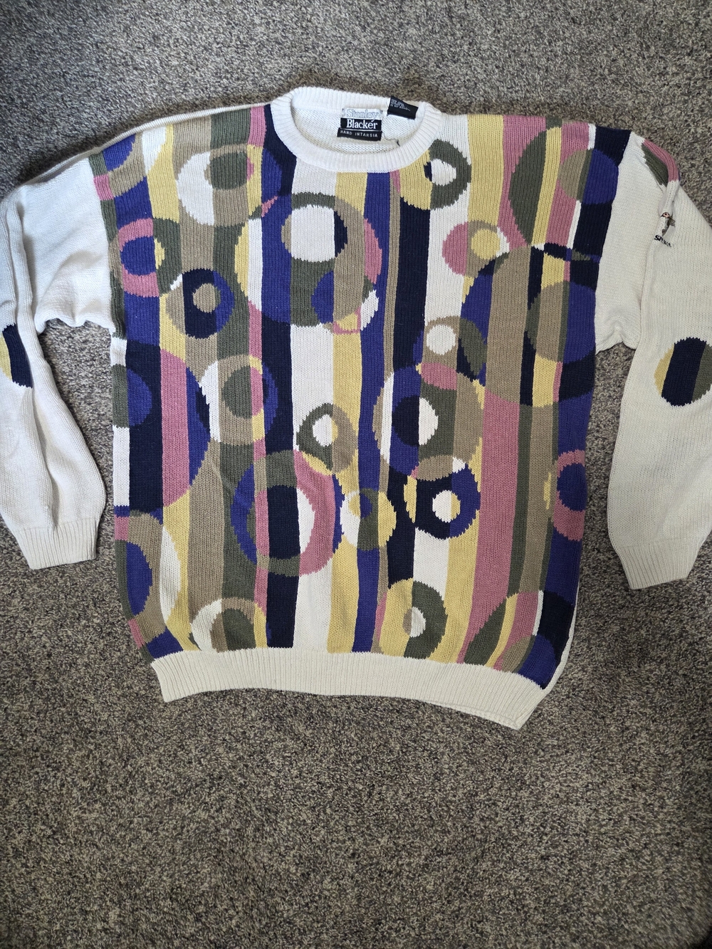 Vintage Groovy Linen And Cotton Multicolor Geometric Crewneck Sweater